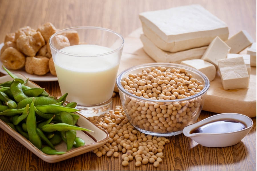 Divers produits à base de soja, y compris des graines de soja, du lait de soja et du tofu