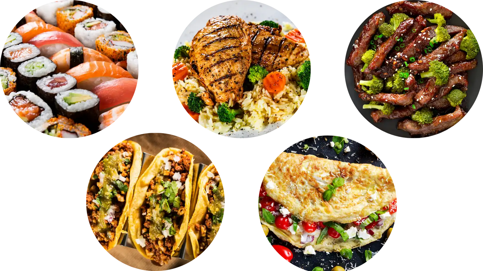 sushi poulet bœuf tacos œufs - repas courants sans gluten