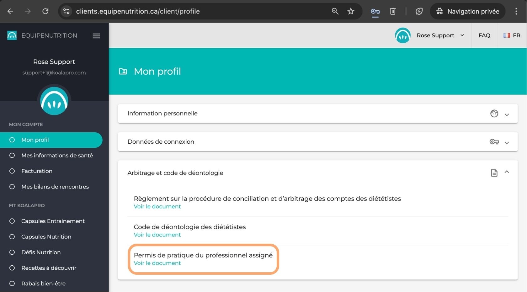 Comment visualiser le permis de pratique de ma nutritionniste ?