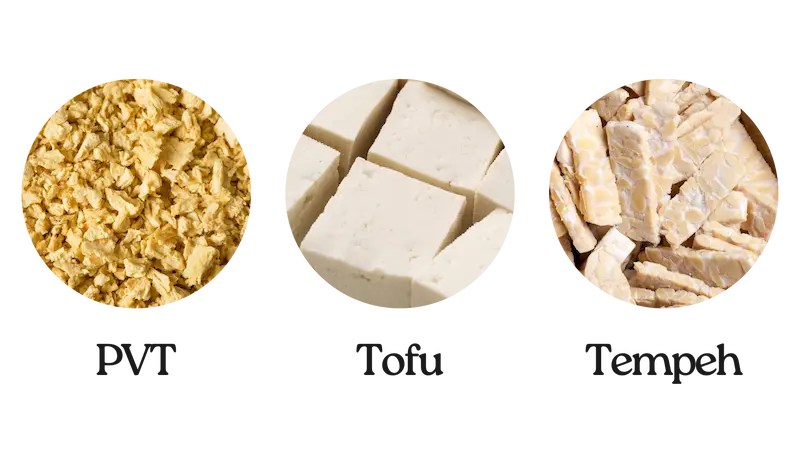 Images côte à côte de PVT, tofu et tempeh pour illustrer différents substituts végétaux de viande