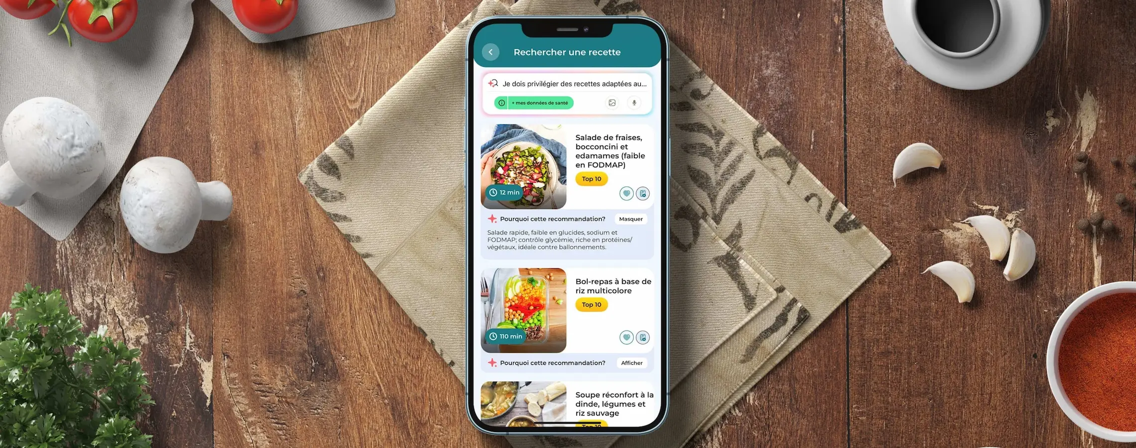 application koalapro fonction recherche de recette intelligente, sur un fond en bois avec décorations