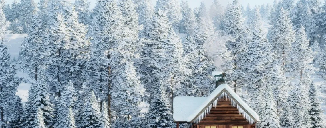 cabane dans les bois durant l'hiver