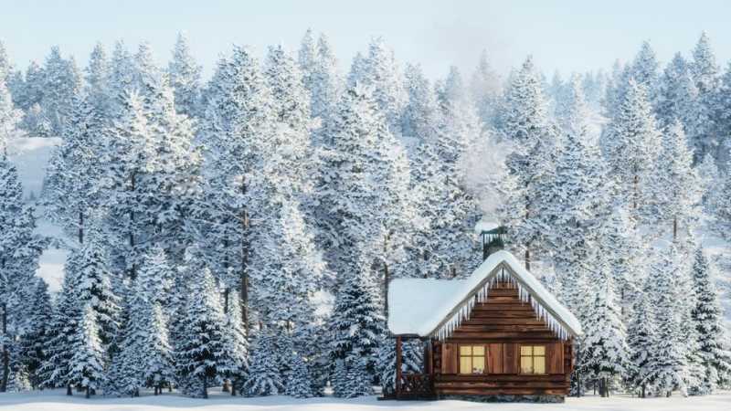 cabane dans les bois durant l'hiver