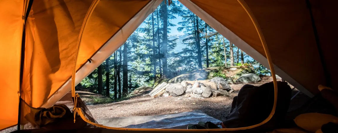 Tente de camping avec vue sur la forêt