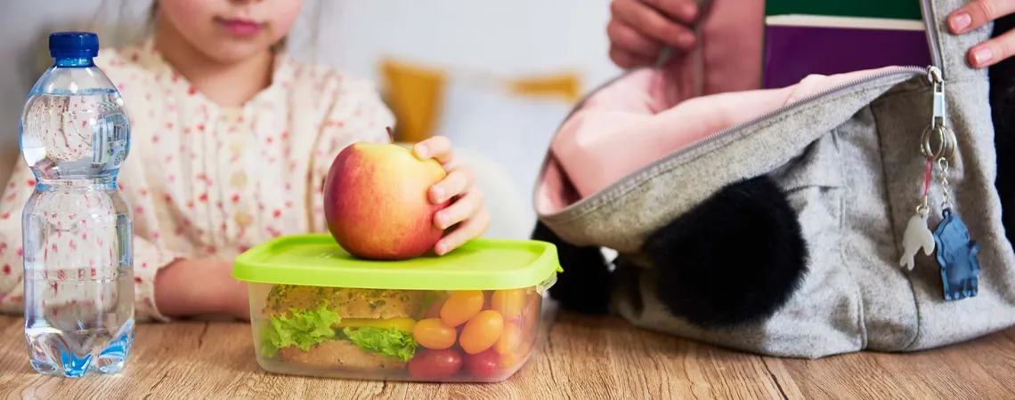 A young girl with an apple, packing a healthy lunch with a sandwich and tomatoes - Une jeune fille avec une pomme, préparant un lunch sain avec un sandwich et des tomates