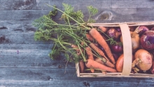 panier de légumes biologique sur une table en bois