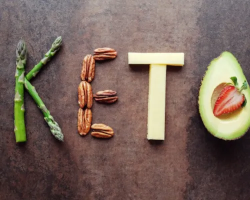 Keto écrit sur un fond de bois avec des légumes et des protéines