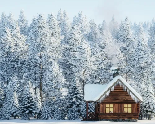cabane dans les bois durant l'hiver