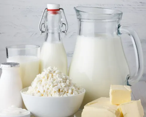 Milk bottles and jugs on a light wooden table with a small bowl of grated cheese and several cheese cubes, set against a pale background.