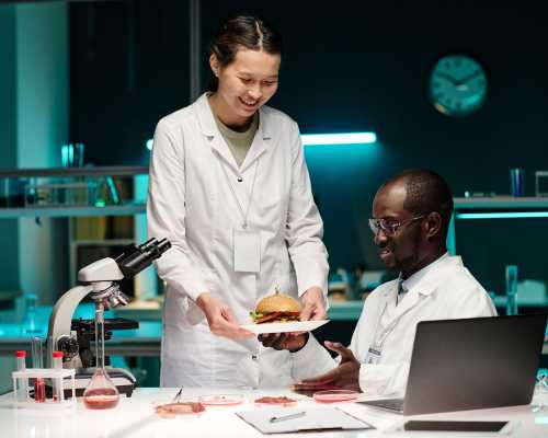 Scientifiques dégustant burger dans laboratoire - Scientist tasting lab grown burger in laboratory