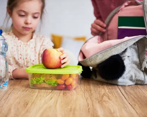 A young girl with an apple, packing a healthy lunch with a sandwich and tomatoes - Une jeune fille avec une pomme, préparant un lunch sain avec un sandwich et des tomates