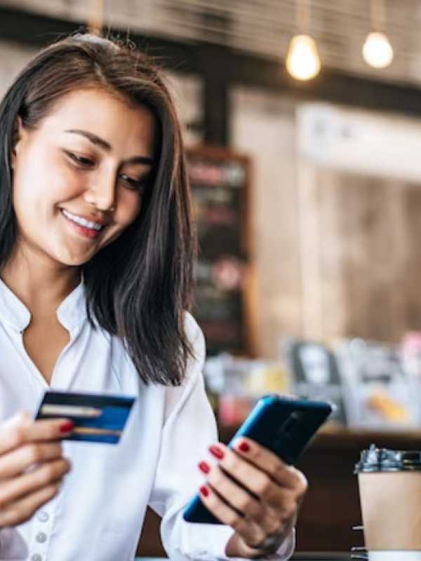Femme donnant son numéro de carte de crédit au téléphone pour une prise de rendez-vous avec une nutritionniste-diététiste