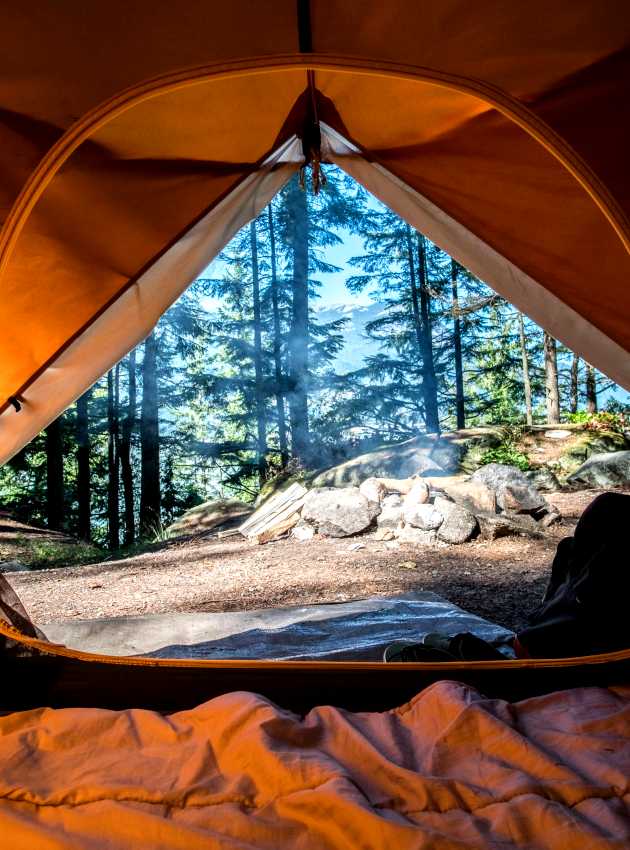 Tente de camping avec vue sur la forêt