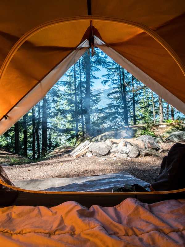 Tente de camping avec vue sur la forêt