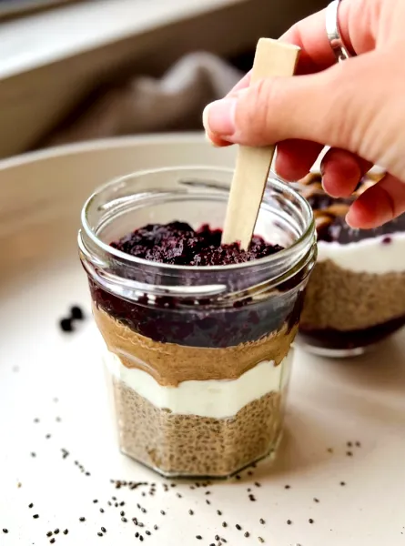 Pouding au chia beurre d’arachide et confiture de fraises Peanut Butter and Berry Jam Chia Pudding